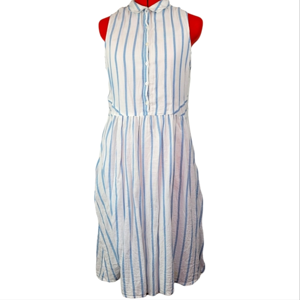 Vintage 1980's Fat Face Striped Gauzy Cotton Collard A-Line Summer Dress Size 10